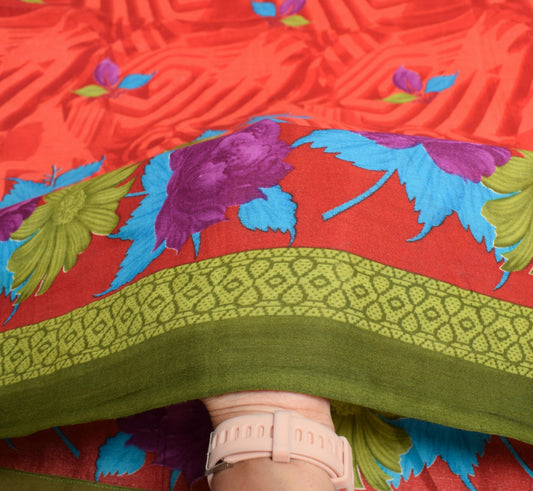 Sushila Vintage Floral Red Saree 100% Pure Cotton Printed Soft Craft Fabric