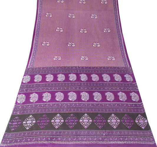 Sushila Vintage Purple Checks Saree 100% Pure Cotton Printed Soft Craft Fabric