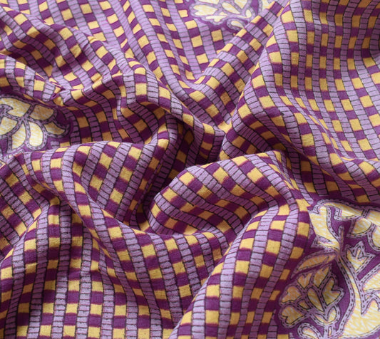 Sushila Vintage Purple Checks Saree 100% Pure Cotton Printed Soft Craft Fabric