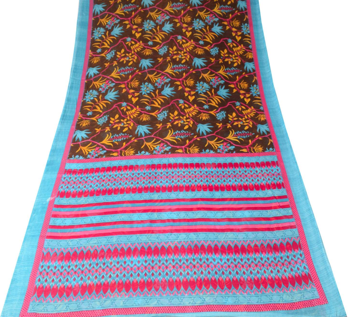 Sushila Vintage Floral Brown Saree Printed 100% Pure Cotton Soft Craft Fabric
