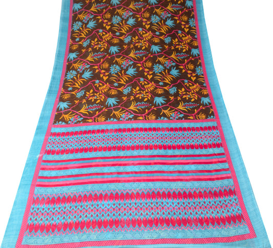 Sushila Vintage Floral Brown Saree Printed 100% Pure Cotton Soft Craft Fabric