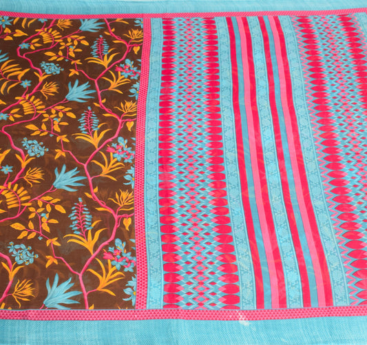 Sushila Vintage Floral Brown Saree Printed 100% Pure Cotton Soft Craft Fabric