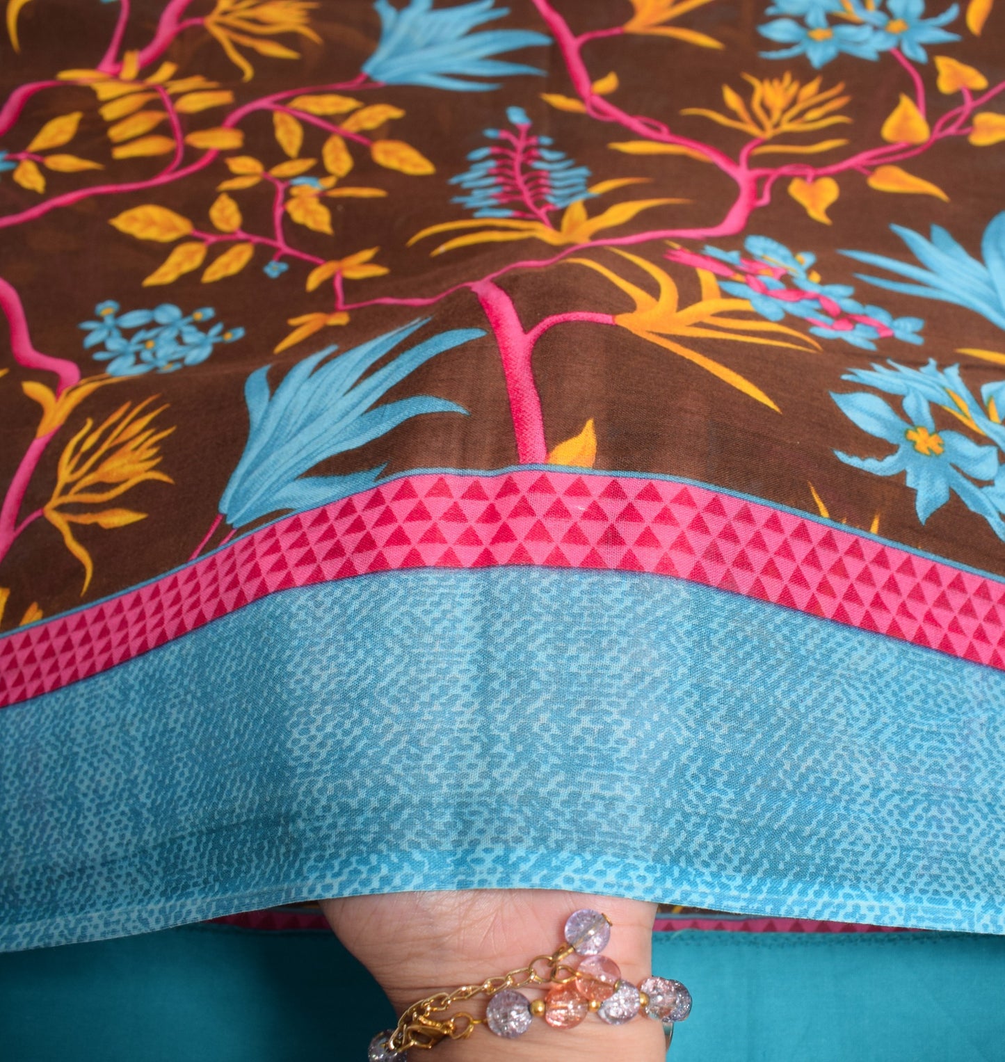 Sushila Vintage Floral Brown Saree Printed 100% Pure Cotton Soft Craft Fabric