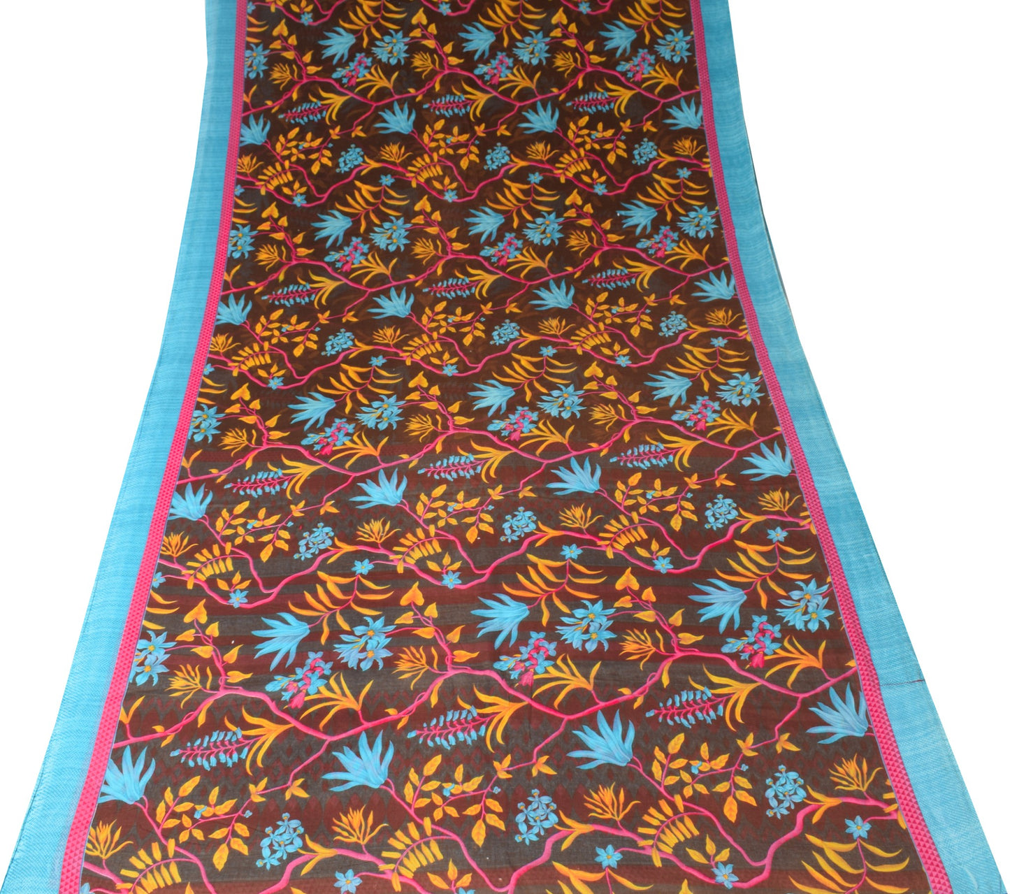 Sushila Vintage Floral Brown Saree Printed 100% Pure Cotton Soft Craft Fabric
