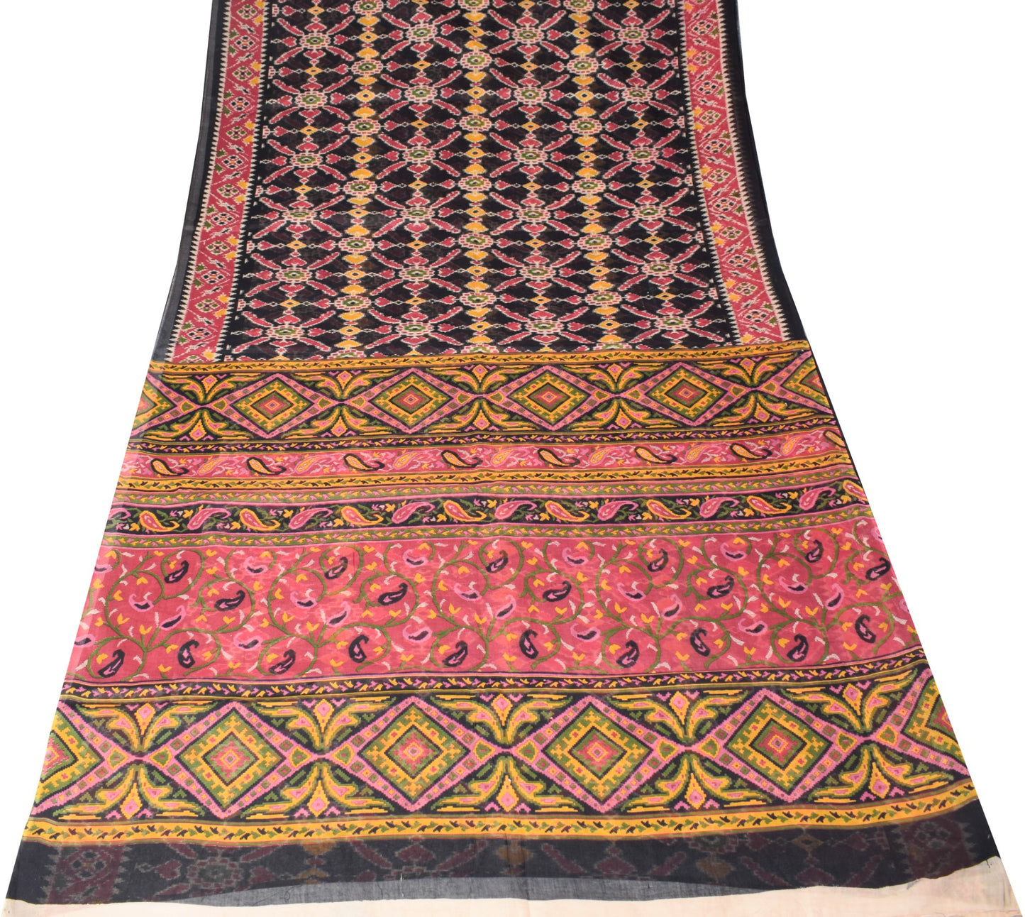 Sushila Vintage Black Saree 100% Pure Cotton Printed Ikat Indian Craft Fabric