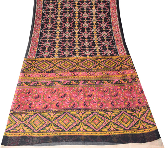 Sushila Vintage Black Saree 100% Pure Cotton Printed Ikat Indian Craft Fabric