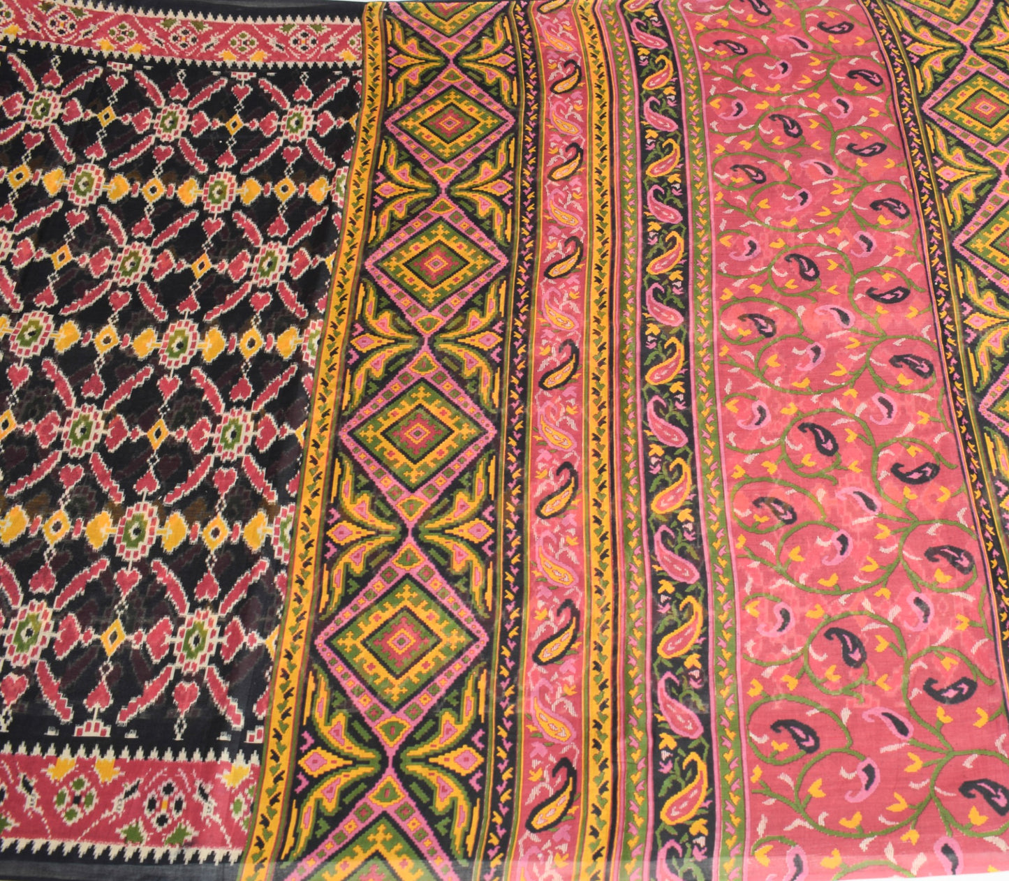 Sushila Vintage Black Saree 100% Pure Cotton Printed Ikat Indian Craft Fabric
