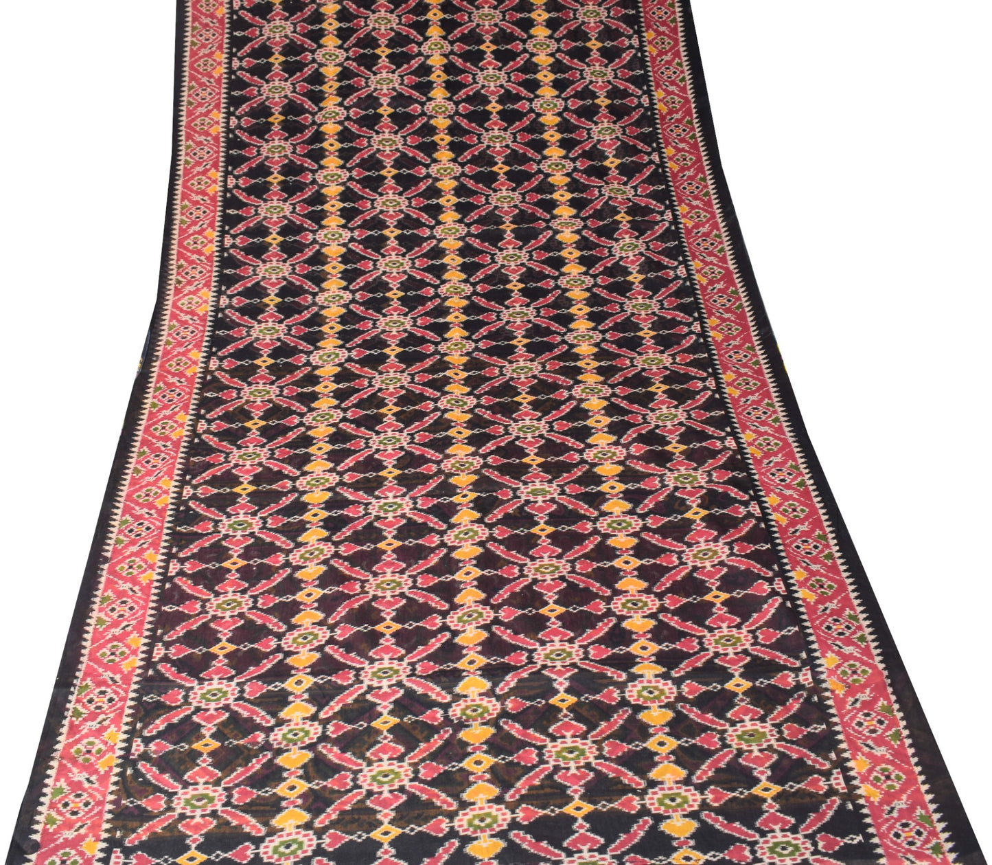 Sushila Vintage Black Saree 100% Pure Cotton Printed Ikat Indian Craft Fabric