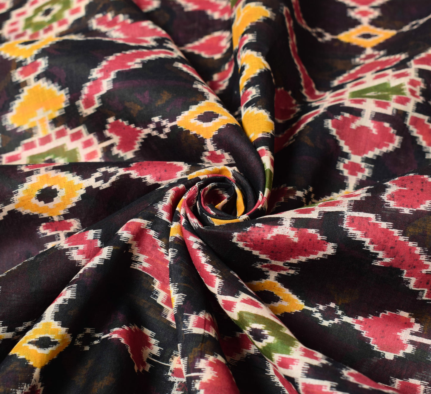 Sushila Vintage Black Saree 100% Pure Cotton Printed Ikat Indian Craft Fabric