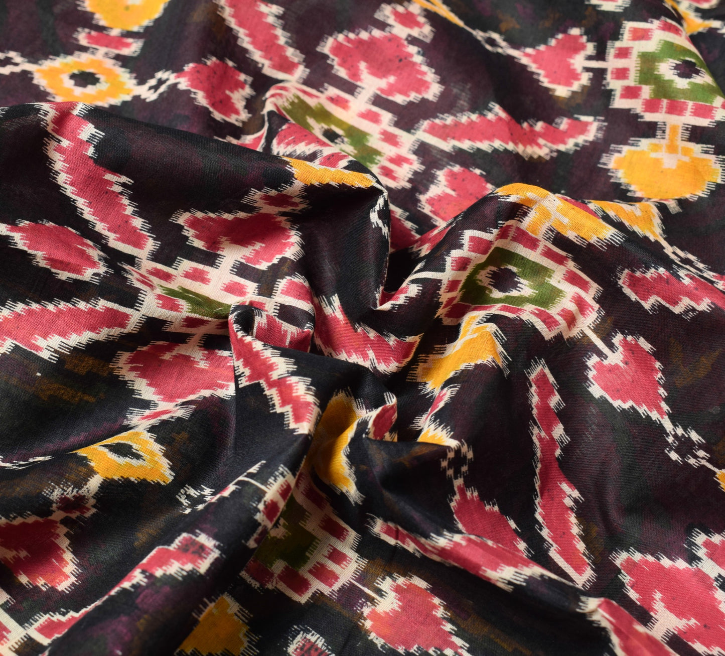 Sushila Vintage Black Saree 100% Pure Cotton Printed Ikat Indian Craft Fabric