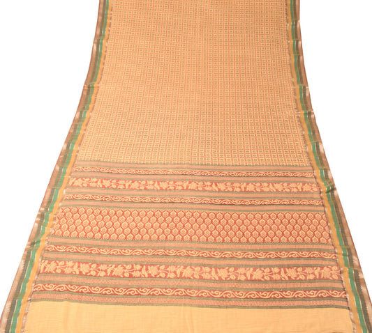 Sushila Vintage Floral Zaal Saree Pure Cotton Printed Yellow Soft Craft Fabric