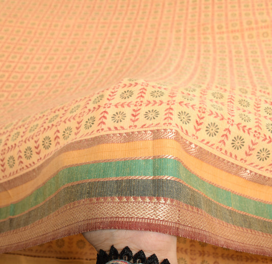 Sushila Vintage Floral Zaal Saree Pure Cotton Printed Yellow Soft Craft Fabric