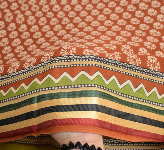 Sushila Vintage Floral Brown Saree 100% Pure Cotton Printed Soft Craft Fabric