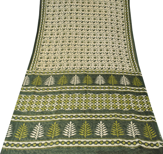 Sushila Vintage Cream & Dark Green Saree Pure Cotton Printed Soft Craft Fabric
