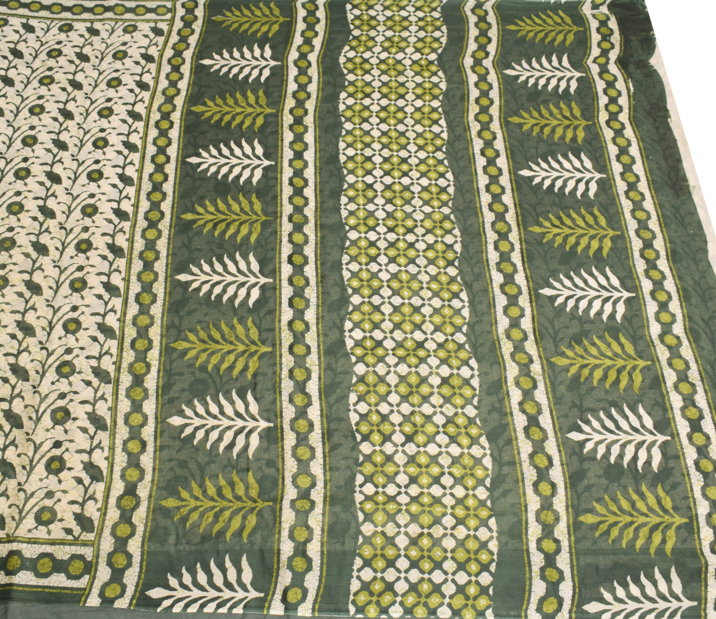 Sushila Vintage Cream & Dark Green Saree Pure Cotton Printed Soft Craft Fabric