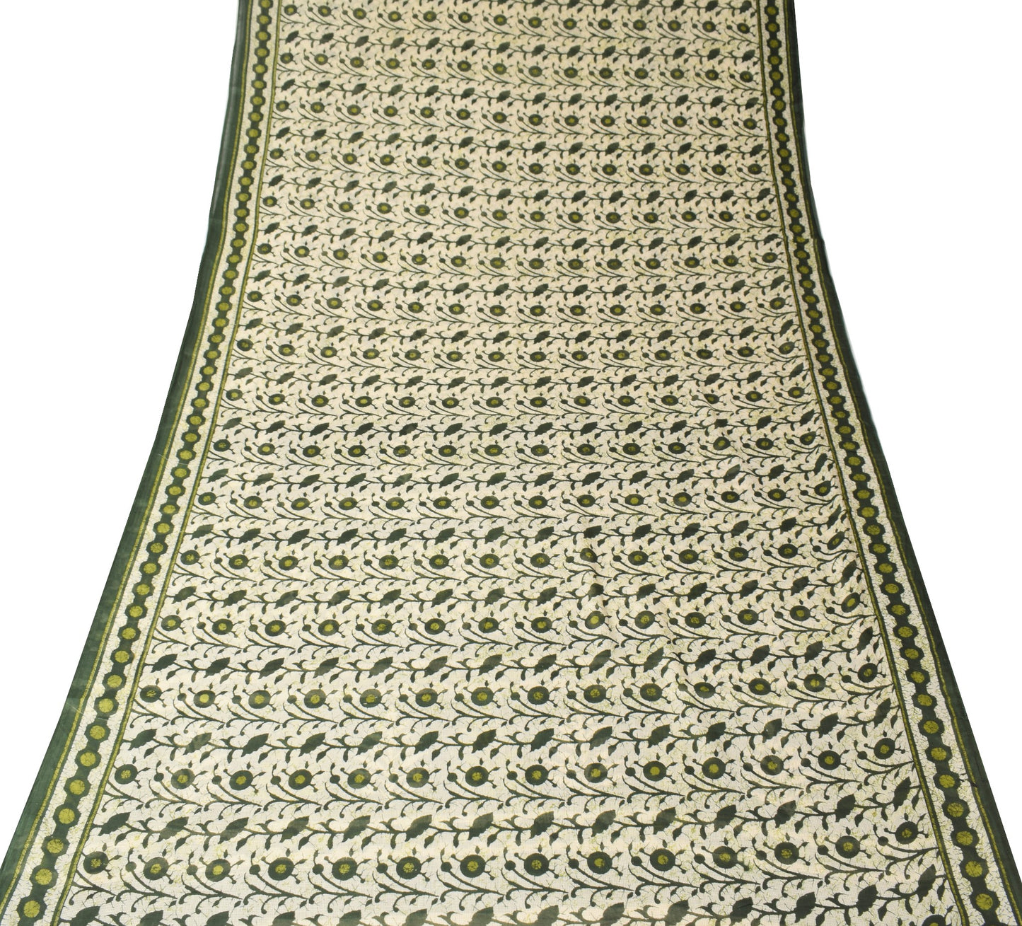 Sushila Vintage Cream & Dark Green Saree Pure Cotton Printed Soft Craft Fabric