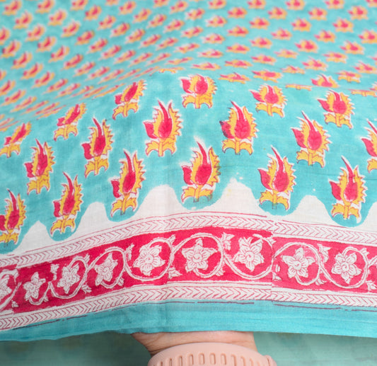 Sushila Vintage Hand Block Saree Pure Cotton Printed Aqua Blue Soft Craft Fabric