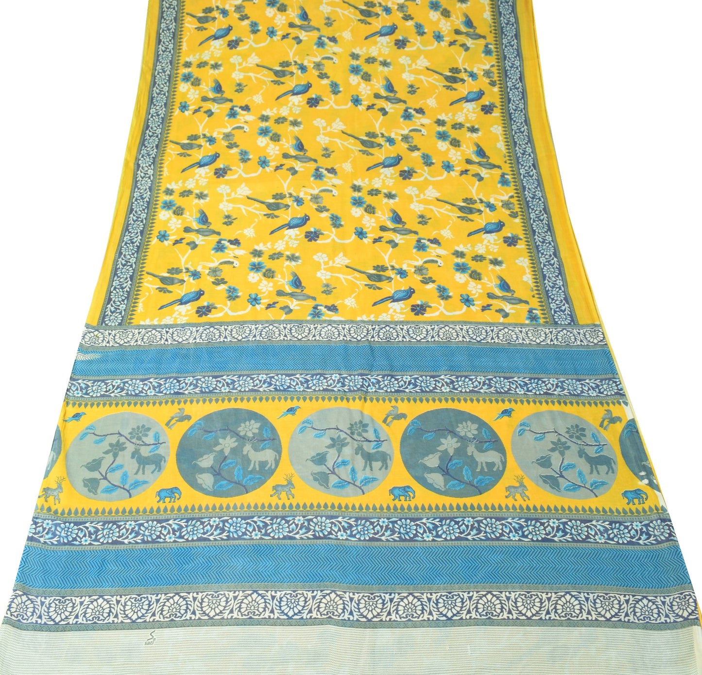 Sushila Vintage Birds Printed Saree 100% Pure Cotton Yellow Soft Craft Fabric