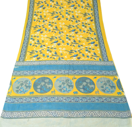 Sushila Vintage Birds Printed Saree 100% Pure Cotton Yellow Soft Craft Fabric