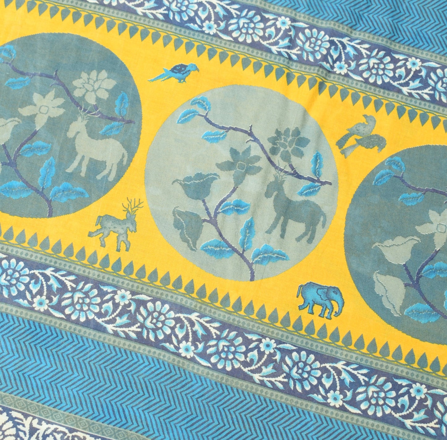 Sushila Vintage Birds Printed Saree 100% Pure Cotton Yellow Soft Craft Fabric