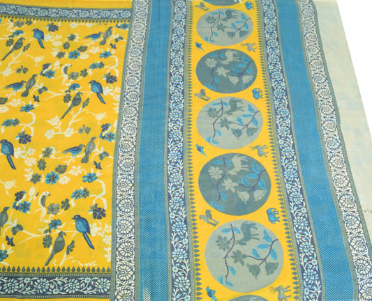 Sushila Vintage Birds Printed Saree 100% Pure Cotton Yellow Soft Craft Fabric
