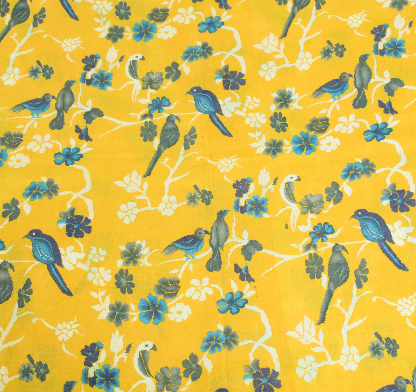 Sushila Vintage Birds Printed Saree 100% Pure Cotton Yellow Soft Craft Fabric