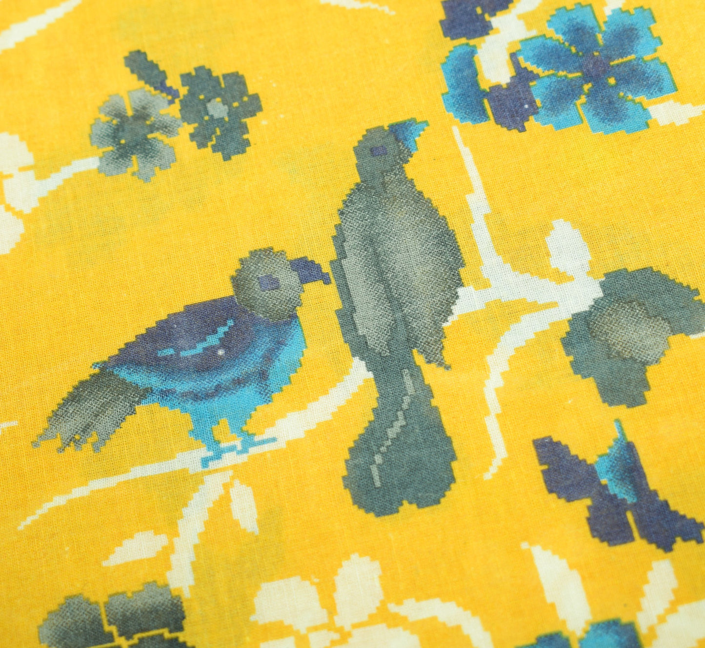 Sushila Vintage Birds Printed Saree 100% Pure Cotton Yellow Soft Craft Fabric