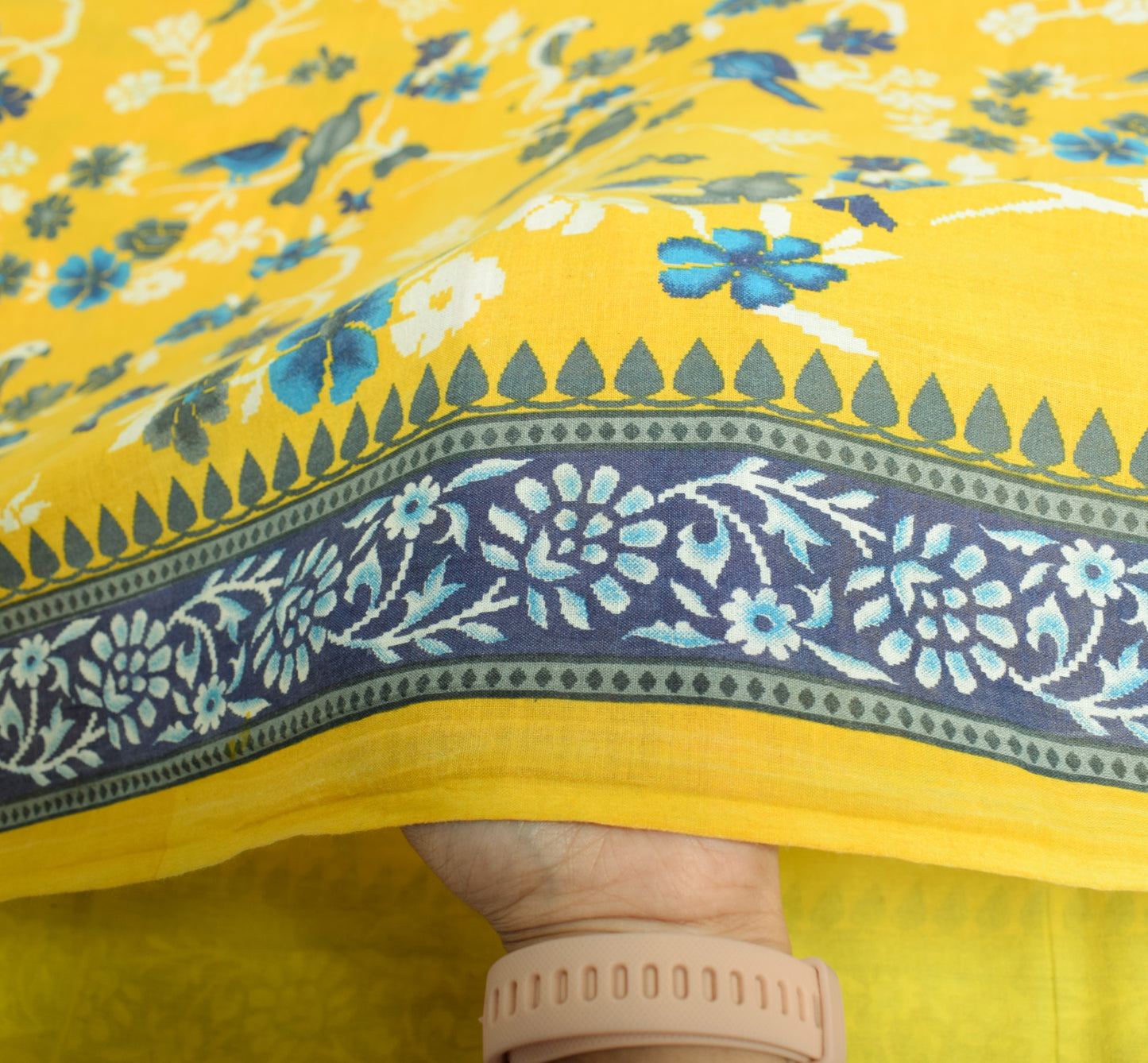 Sushila Vintage Birds Printed Saree 100% Pure Cotton Yellow Soft Craft Fabric
