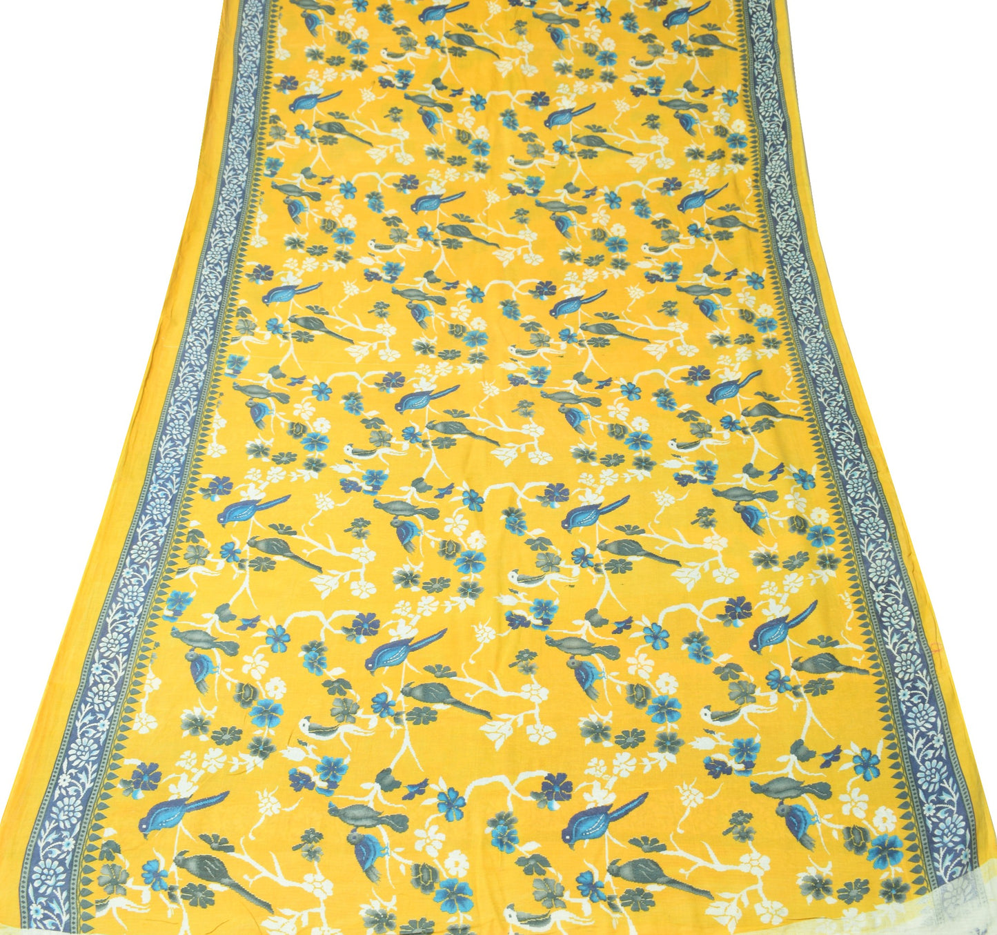 Sushila Vintage Birds Printed Saree 100% Pure Cotton Yellow Soft Craft Fabric