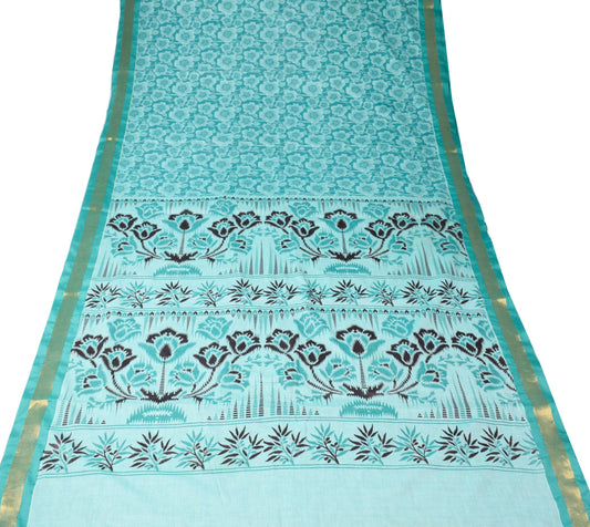 Sushila Vintage Aqua Green Saree 100% Pure Cotton Printed Floral Craft Fabric