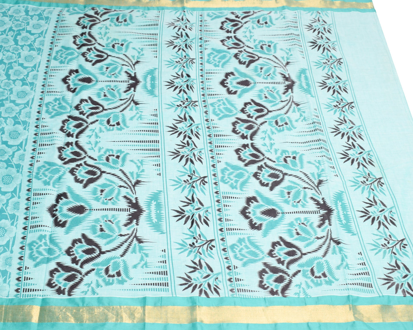 Sushila Vintage Aqua Green Saree 100% Pure Cotton Printed Floral Craft Fabric