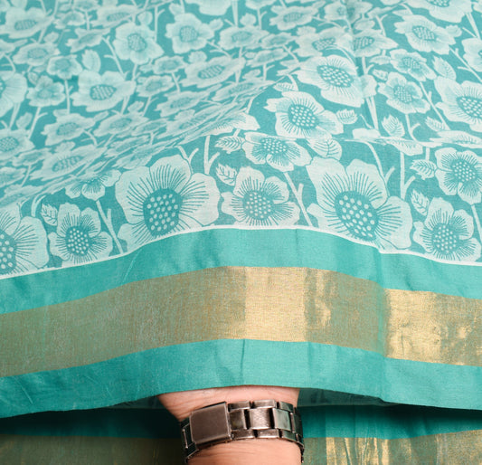 Sushila Vintage Aqua Green Saree 100% Pure Cotton Printed Floral Craft Fabric
