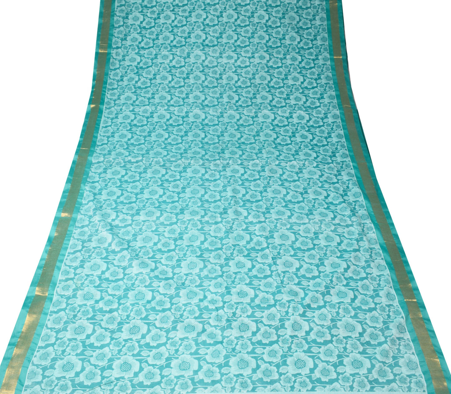 Sushila Vintage Aqua Green Saree 100% Pure Cotton Printed Floral Craft Fabric