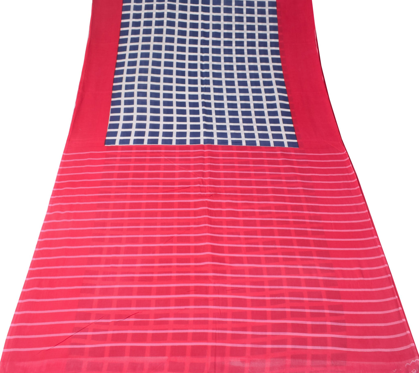 Sushila Vintage Checks Blue Magenta Saree Pure Cotton Printed Soft Craft Fabric