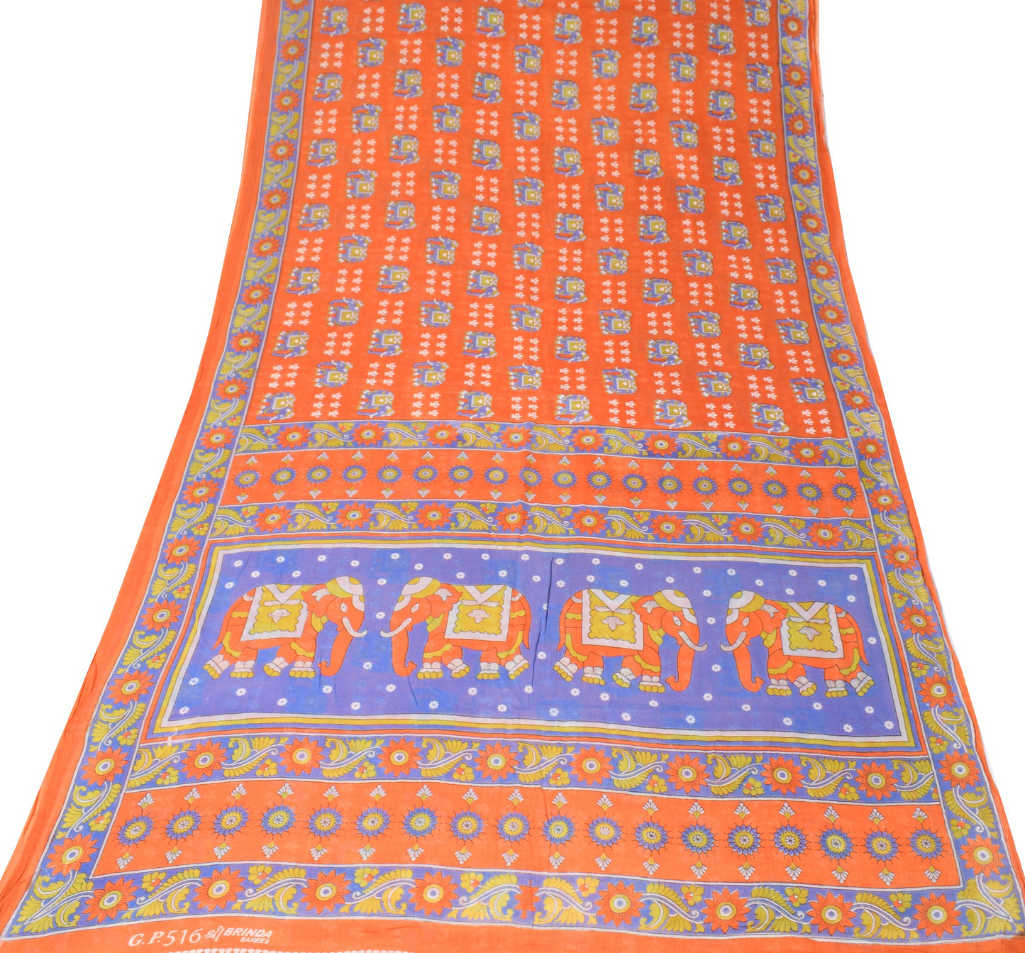 Sushila Vintage Elephant Printed Saree 100% Pure Cotton Soft Orange Craft Fabric
