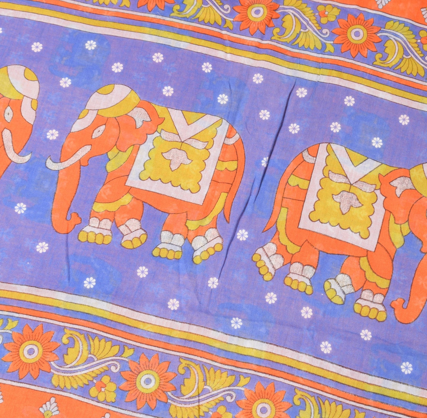 Sushila Vintage Elephant Printed Saree 100% Pure Cotton Soft Orange Craft Fabric