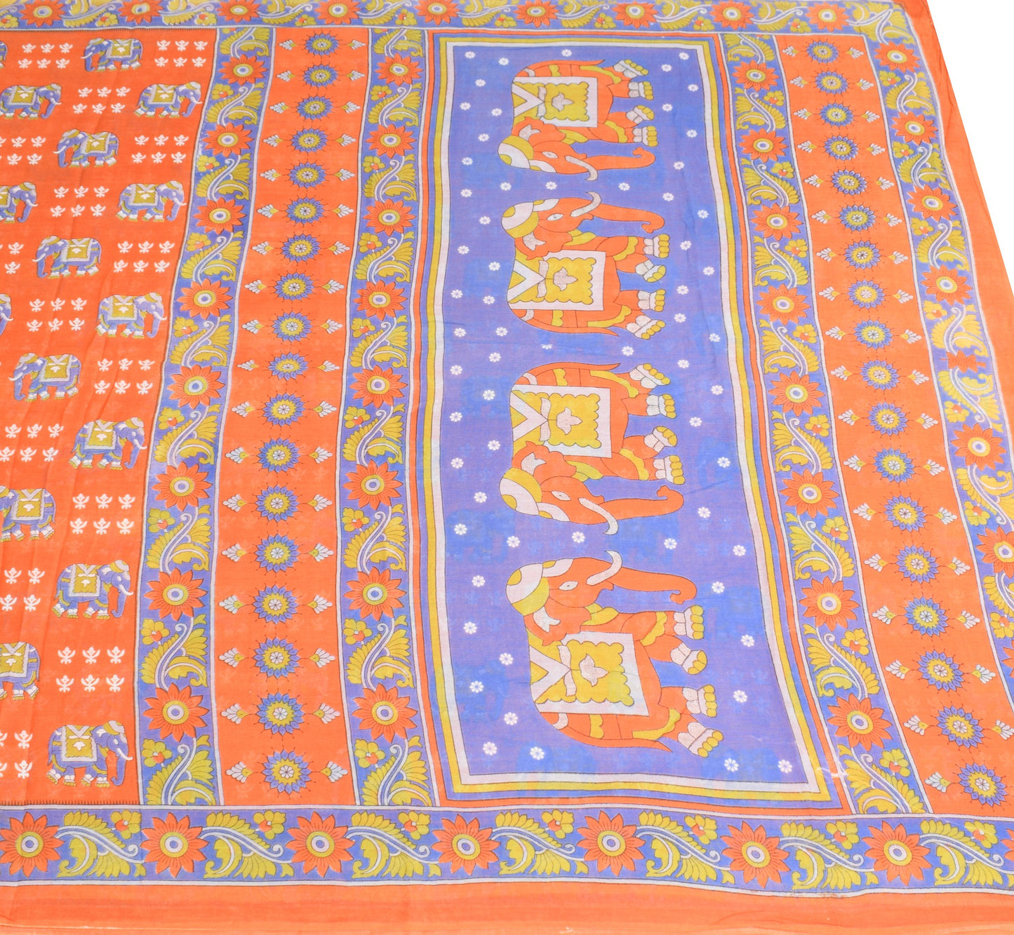 Sushila Vintage Elephant Printed Saree 100% Pure Cotton Soft Orange Craft Fabric