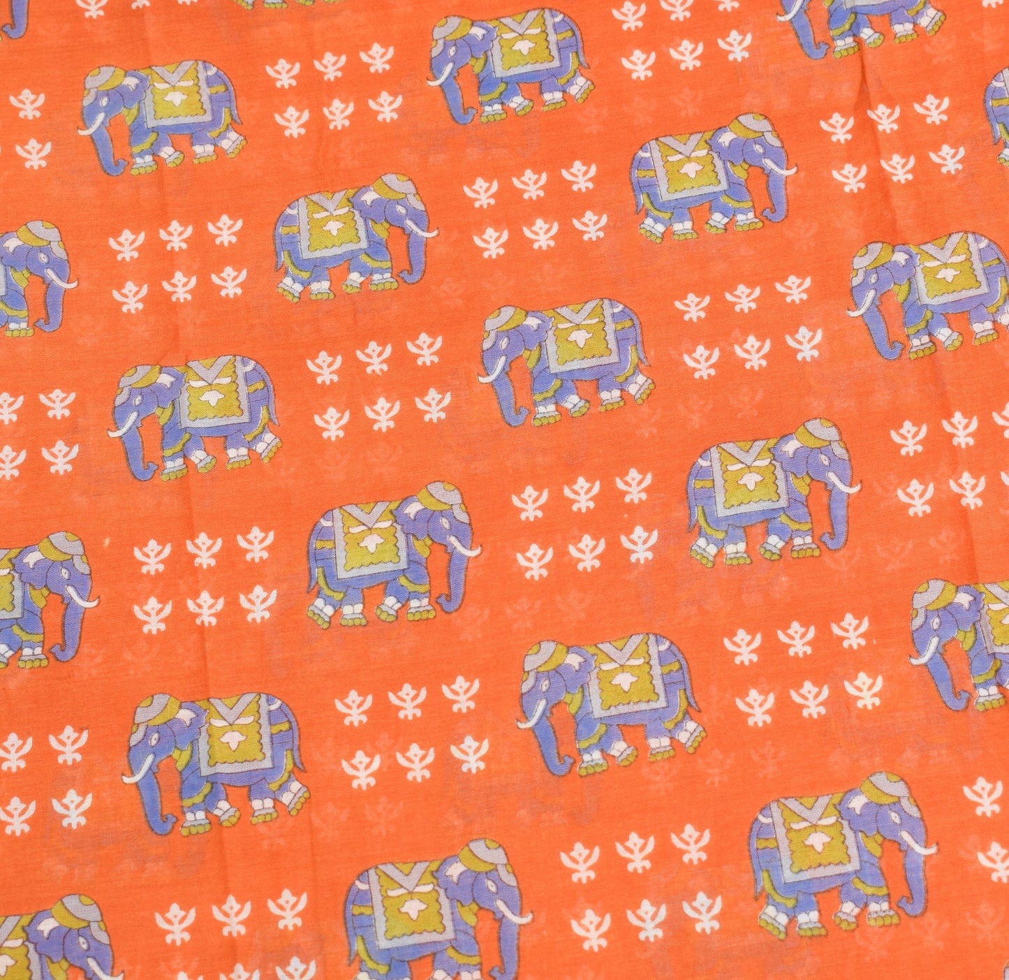 Sushila Vintage Elephant Printed Saree 100% Pure Cotton Soft Orange Craft Fabric