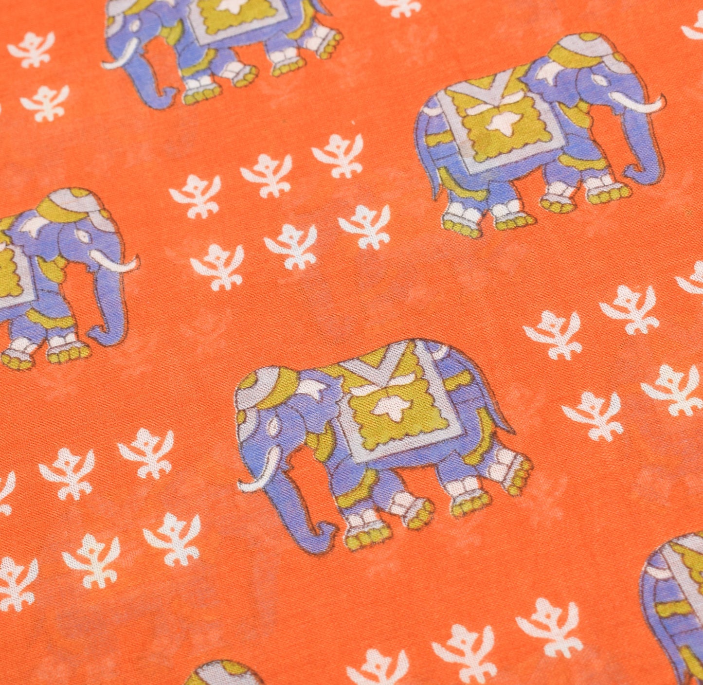 Sushila Vintage Elephant Printed Saree 100% Pure Cotton Soft Orange Craft Fabric