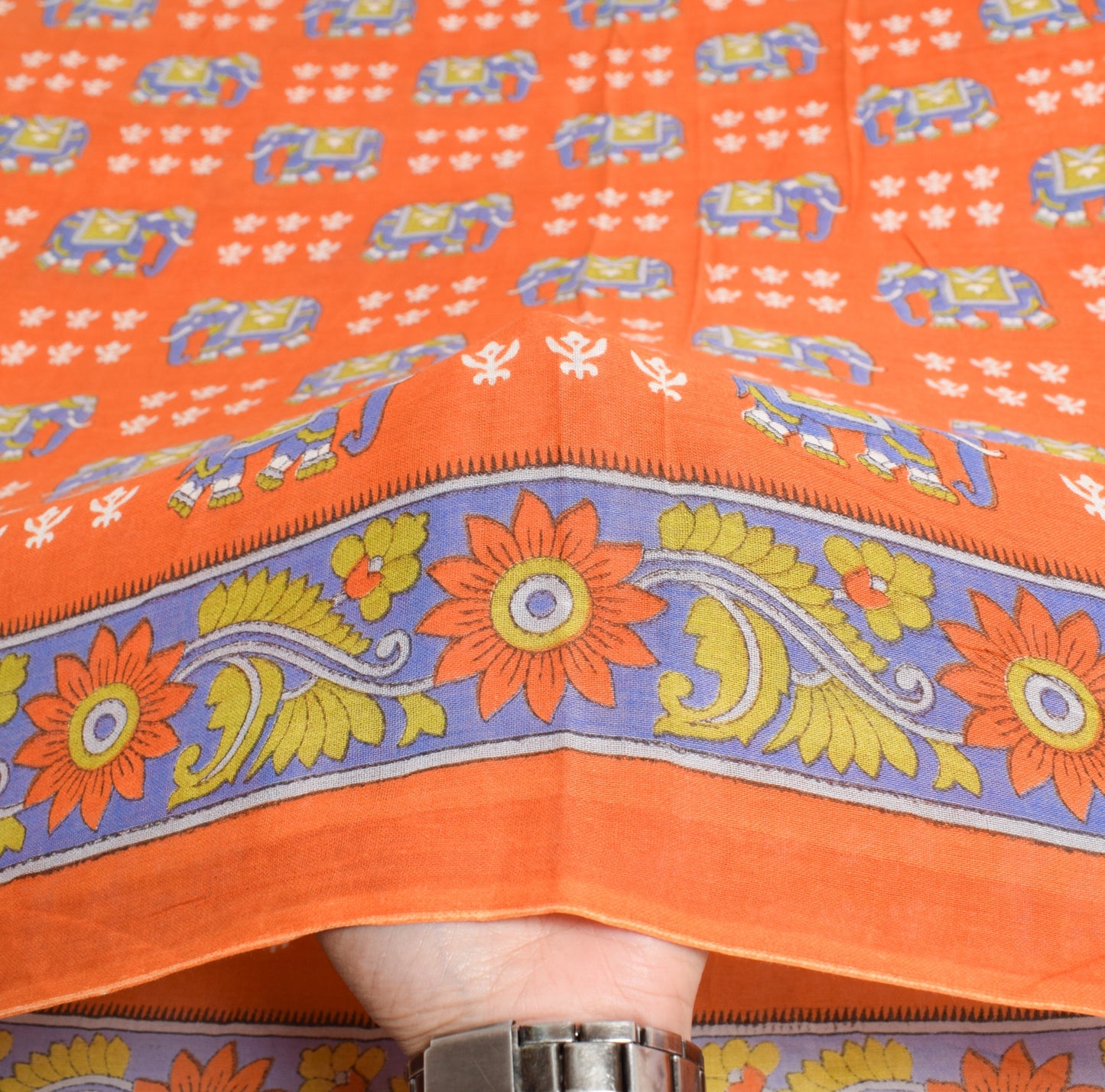 Sushila Vintage Elephant Printed Saree 100% Pure Cotton Soft Orange Craft Fabric
