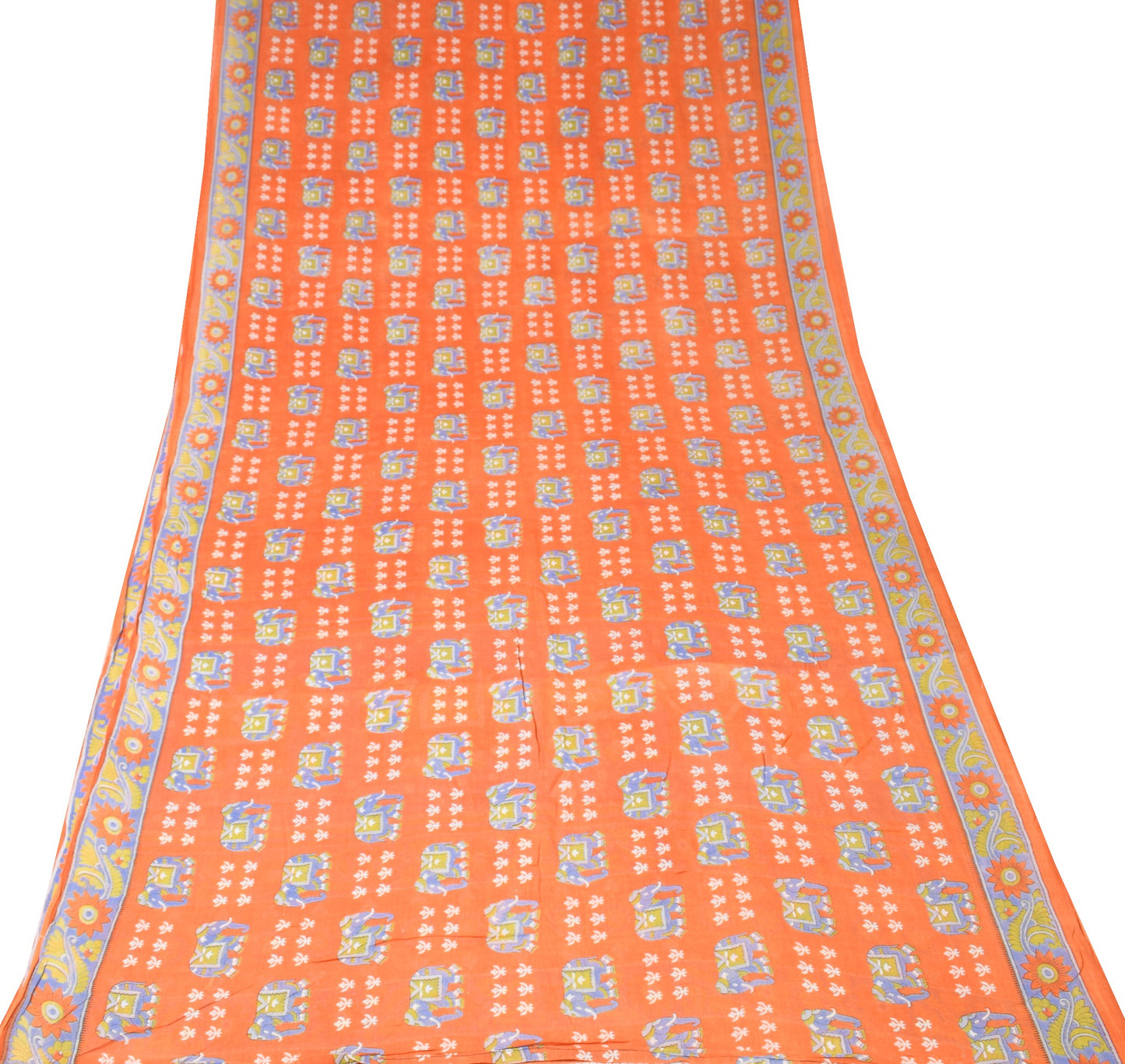 Sushila Vintage Elephant Printed Saree 100% Pure Cotton Soft Orange Craft Fabric