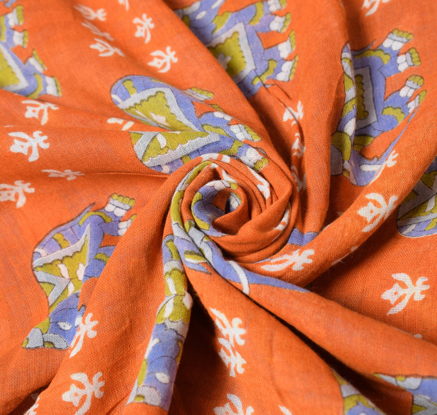 Sushila Vintage Elephant Printed Saree 100% Pure Cotton Soft Orange Craft Fabric