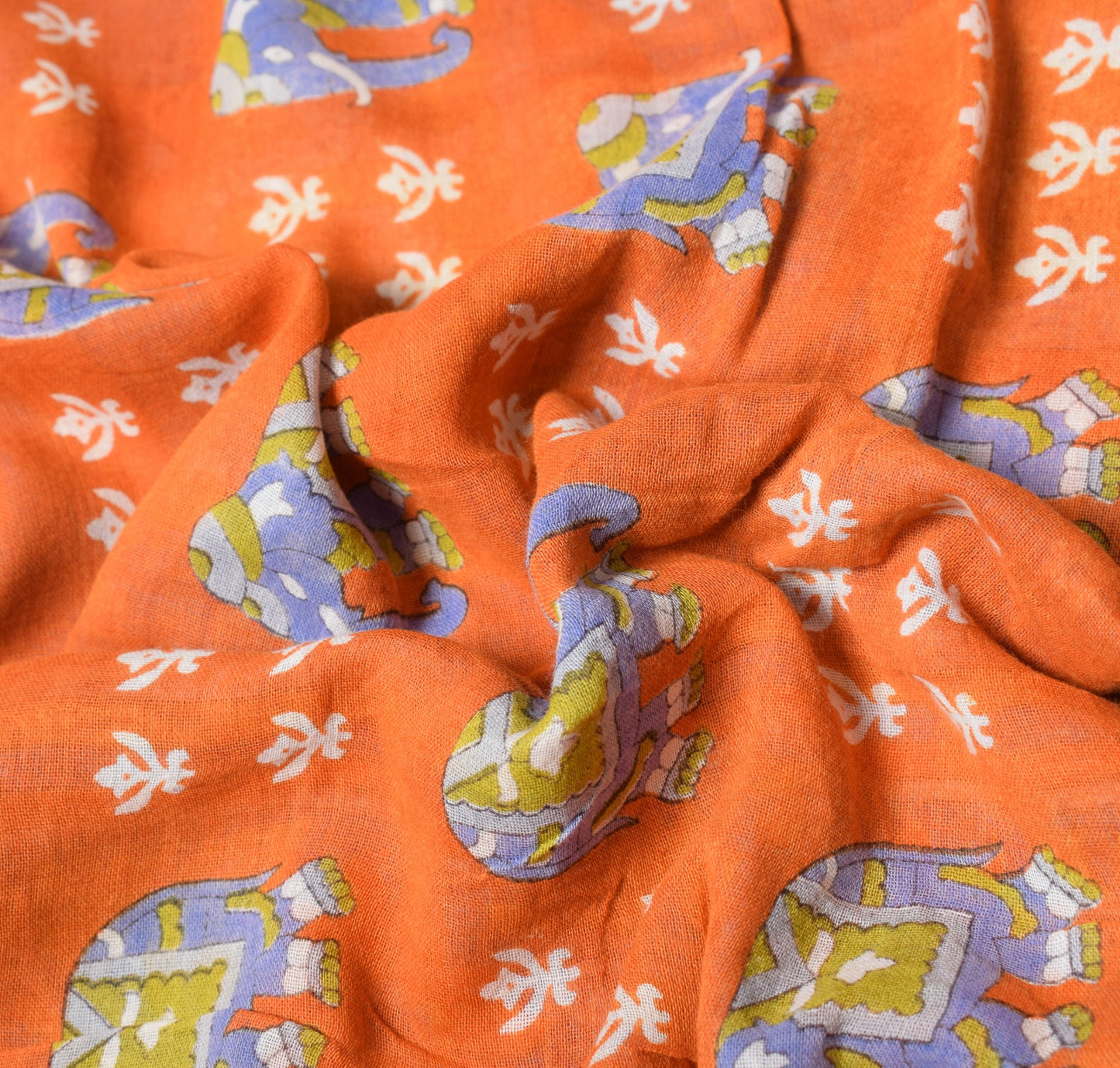Sushila Vintage Elephant Printed Saree 100% Pure Cotton Soft Orange Craft Fabric
