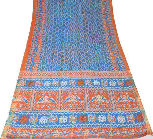 Sushila Vintage Ikat Print Saree Turquoise Blue Pure Cotton Soft Craft Fabric