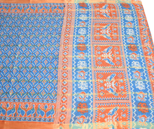 Sushila Vintage Ikat Print Saree Turquoise Blue Pure Cotton Soft Craft Fabric