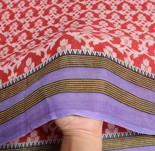 Sushila Vintage Red Floral Saree 100% Pure Cotton Printed Soft 5YD Craft Fabric