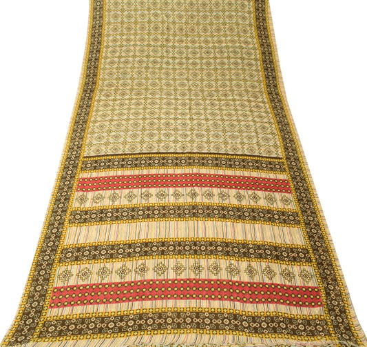Sushila Vintage Cream Saree Geometrical Pure Cotton Printed Soft Craft Fabric