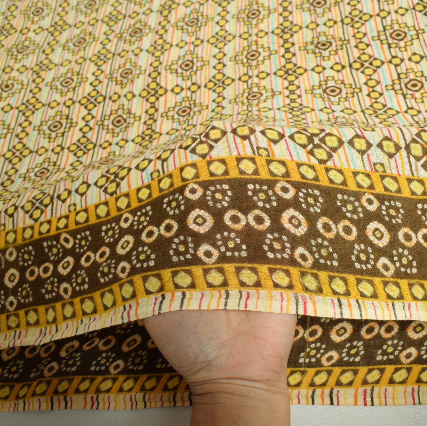 Sushila Vintage Cream Saree Geometrical Pure Cotton Printed Soft Craft Fabric