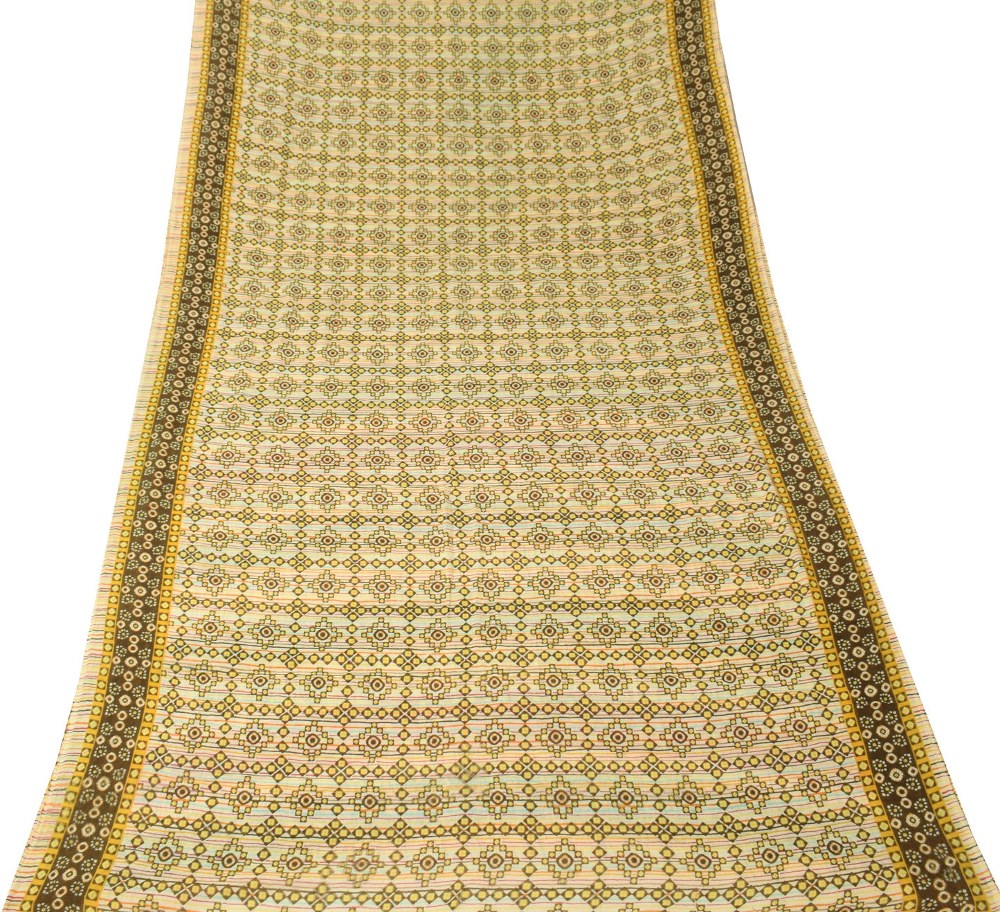 Sushila Vintage Cream Saree Geometrical Pure Cotton Printed Soft Craft Fabric