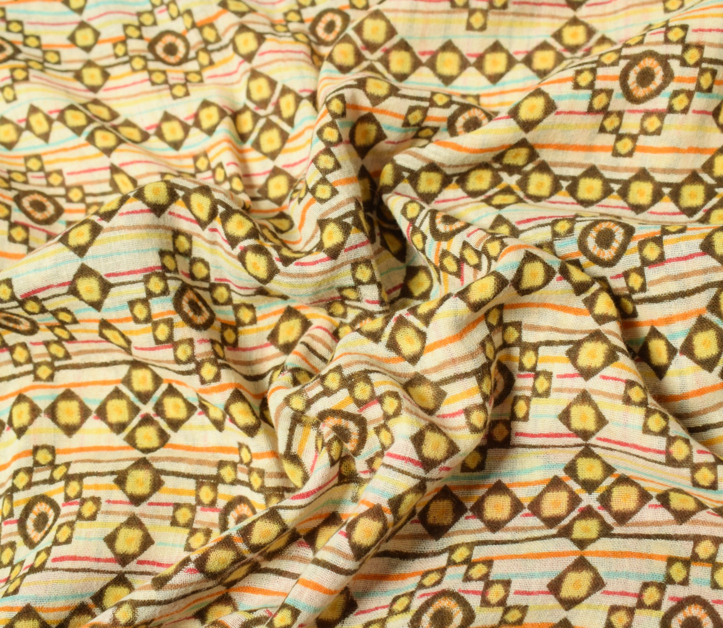 Sushila Vintage Cream Saree Geometrical Pure Cotton Printed Soft Craft Fabric